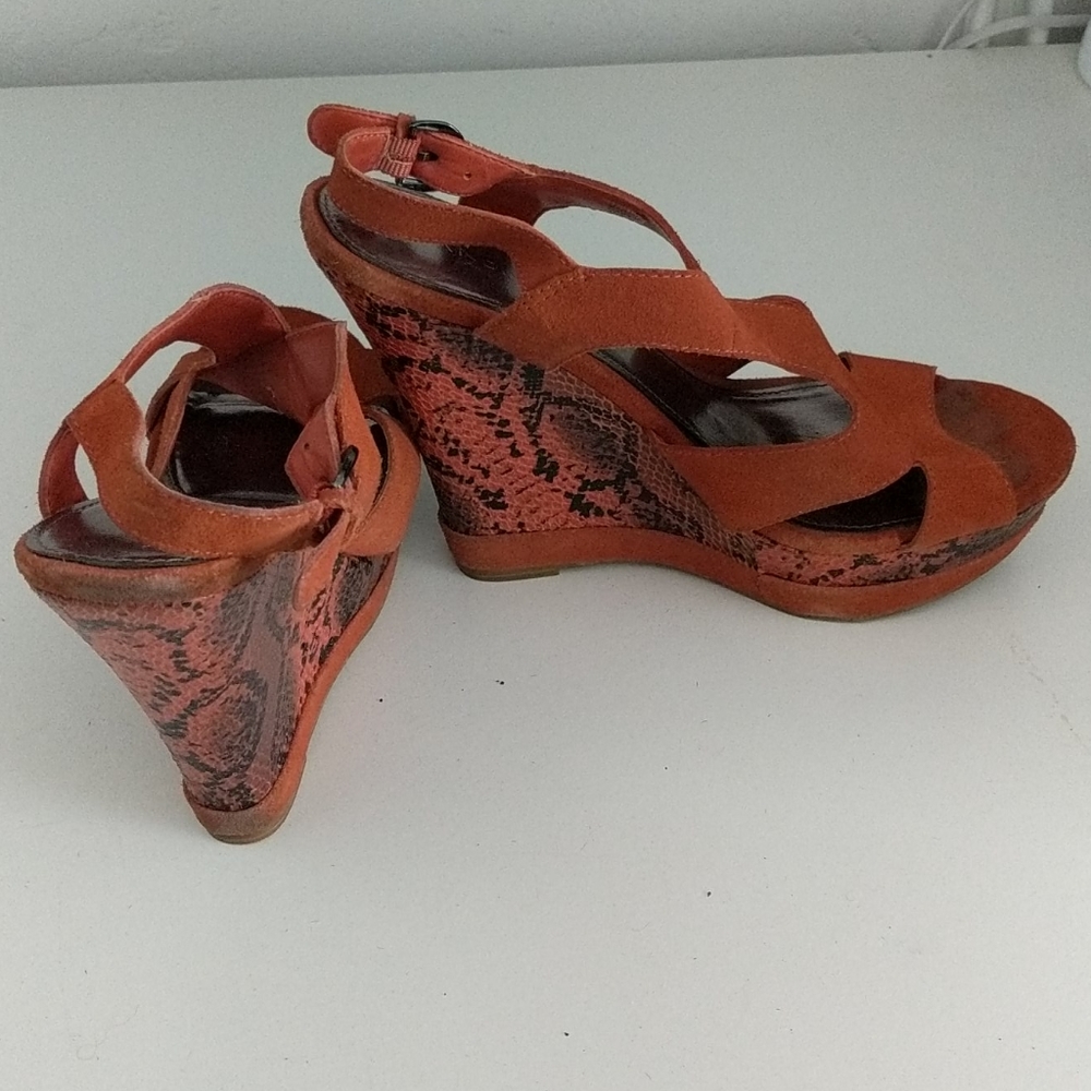 Baker's leather upper orange wedges